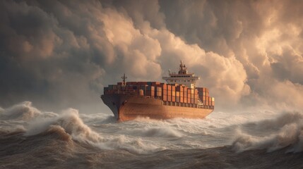 Cargo ship navigating through turbulent seas under dramatic stormy clouds, showcasing strength and resilience of maritime transport and shipping industry