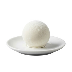 A pristine, perfectly spherical white chocolate truffle with glossy surface, powdered sugar, on a minimalist white ceramic plate against a transparent background, high-end commercial product