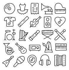 Hand drawn music icons set, doodle musical instruments, guitar, piano, drum, saxophone, harp, maracas, headphones, cassette, metronome, microphone, radio, speaker, playlist and music note symbols