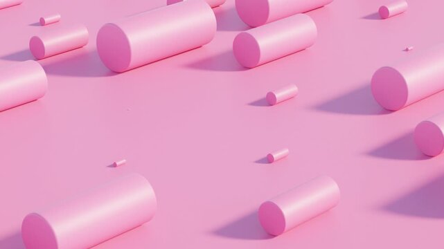 Pink cylinders of varying size aligned on a pastel pink surface, forming a soft geometric 3d abstract background with minimal shapes and smooth visual rhythm.