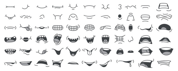 Various cartoon mouth doodles showing different emotions and expressions, ideal for character design, comics, and animation, isolated on white background vector illustration
