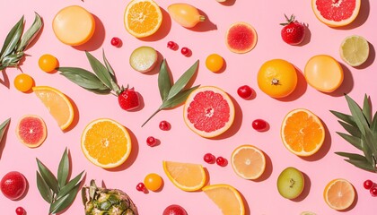 Obraz premium The image shows a flat lay of various sliced citrus fruits, berries, and leaves arranged on a pink surface.