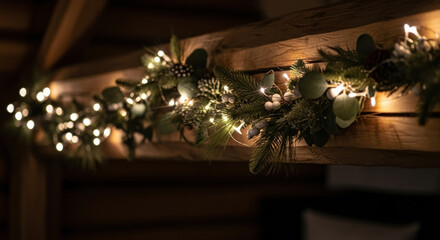 Quiet Christmas retreat with rustic garland light. warm illumination on wooden beam creates peaceful holiday mood for serene and cozy winter evening at home