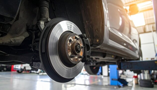 Selective focus disc brake on car, in process of new tire replacement, Car brake repair process with mechanic