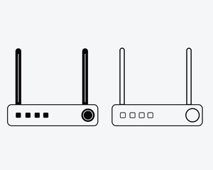 Two black and white line art icons of wireless routers with antennas wifi internet