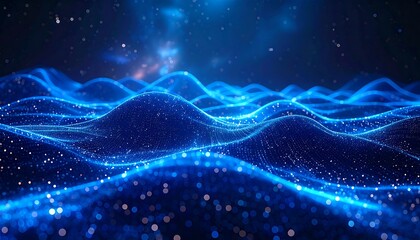 A mesmerizing display of undulating, blue digital waves, composed of interconnected particles, evoking a sense of futuristic technology and dynamism.