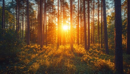 Fototapeta premium The image shows a vibrant sunset scene in a lush pine forest with the sun's rays penetrating the trees and illuminating the ground vegetation.
