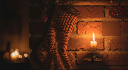 Single candle flame provides quiet warm light for christmas retreat against dark rustic brick wall background. peaceful and spiritual ambiance for meditation and prayer