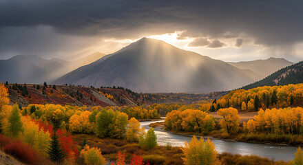 Fototapeta premium Clouds briefly break, lighting the fall colors during a rainstorm over Mt Timpanogas.