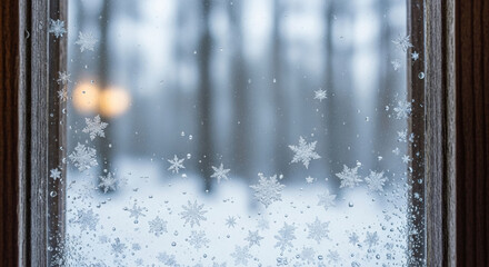 Quiet Christmas retreat view from cozy cabin window with snowflake decoration. frosted glass pane looks out onto blurry winter forest with warm light background