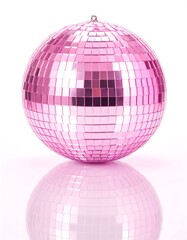A vibrant pink disco ball, reflecting light, stands on a bright white surface.