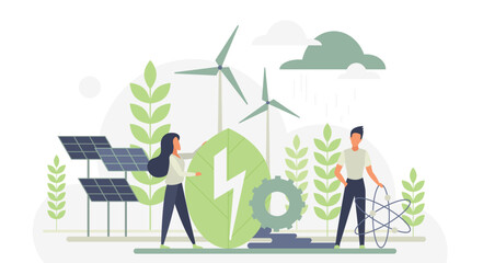 Fototapeta premium Eco-friendly energy sources like wind turbines and solar panels with people supporting sustainable technology for clean power and environmental conservation isolated vector illustration