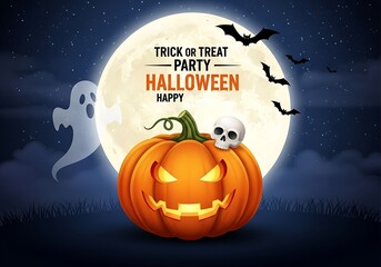Fototapeta premium Spooky halloween night with jack o lantern full moon and bats