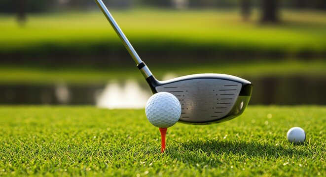 Golf ball on tee with driver in grass - Powered by Adobe