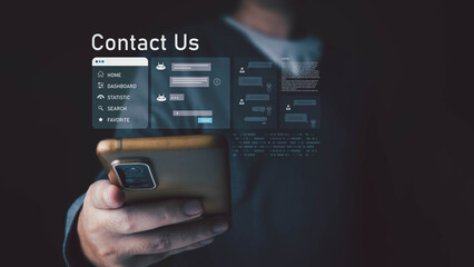 A user holds a smartphone, engaging with a floating digital interface for customer support. The screen displays a contact menu, a chat with an AI bot, and data forms.