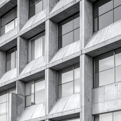 A close-up view of a modern concrete building's facade, showcasing intricate geometric patterns and numerous windows.
