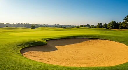 Golf course fairway with sand trap and blue sky