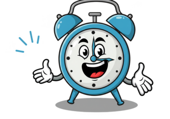 Happy Blue Cartoon Alarm Clock with Thumbs Up Isolated on Transparent