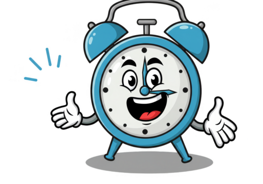 Happy Blue Cartoon Alarm Clock with Thumbs Up Isolated on Transparent