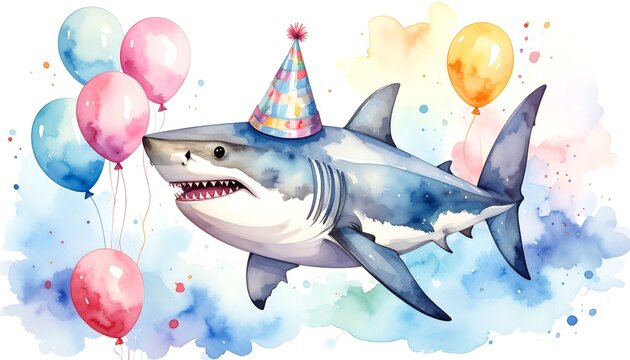 Watercolor shark wearing party hat