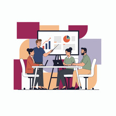 Flat Vector Illustration of Business Activities — Teamwork, Office Work, and Corporate People