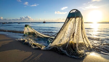 A discarded fishing net lies on a sandy beach at sunrise, illuminated by the golden light of the rising sun.