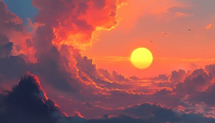 The illustration shows a vibrant sunset with a large yellow sun, orange and red clouds, and several birds flying across a dramatic sky.