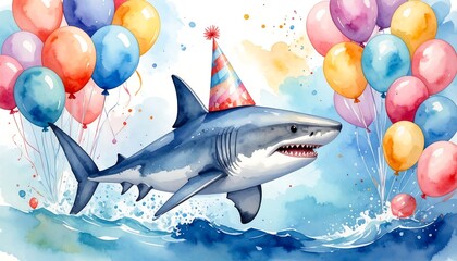 Watercolor shark with party hat and balloons