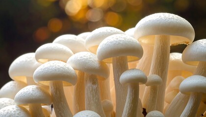 Close-up view of many small, white mushrooms clustered together, showcasing their delicate textures and shapes.