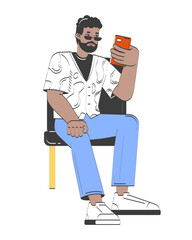 Black man in patterned shirt comfortably browsing smartphone 2D doodle character. African american bearded guy daily cartoon person vector drawing isolated on white. Hand drawn illustration colorful