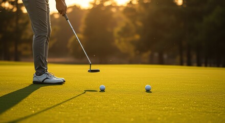 Golfer putting on green golf course at sunset