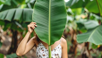 Woman hidden by banana leaf
