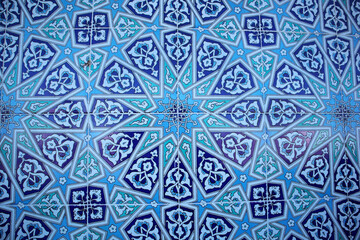 Traditional blue wall tiles from the Seljuk period in Konya, Turkey.Background,not an illustration