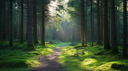Obraz premium Sunbeams through a mossy forest path