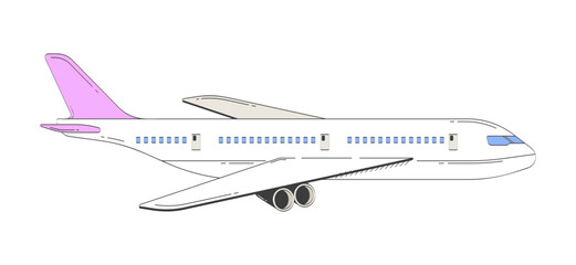 Side view of commercial airplane 2D doodle object. Modern air travel and aviation. Aircraft sideview cartoon element flat vector clipart isolated on white background. Hand drawn illustration