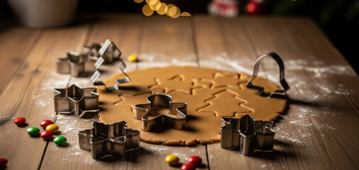 Quiet Christmas retreat for joyful holiday baking. Making festive gingerbread cookie with dough and cutters on wooden table for peaceful family activity