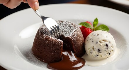A fork pierces a warm chocolate lava cake, revealing a molten center, served with a scoop of ice cream and a fresh raspberry.