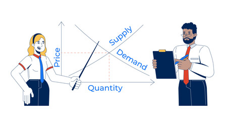 Economics presentation with supply and demand chart 2D illustration concept. Corporate woman explaining price quantity graph cartoon characters isolated on white. Flat abstract vector metaphor