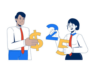 Pricing strategy and decision-making 2D illustration concept. Retail economics negotiation. Businesses calculating product prices cartoon characters isolated on white. Flat abstract vector metaphor