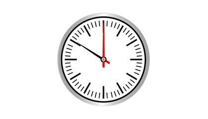 A metallic wall clock displays the precise time of twelve o'clock.