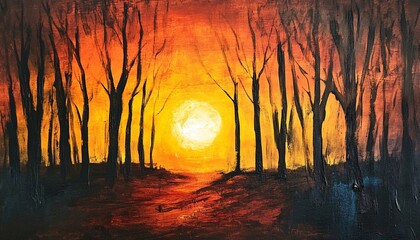 The painting shows a landscape of leafless trees silhouetted against a large, bright orange and yellow sun at sunset.
