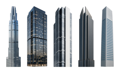 Modern skyscraper set including five distinct architectural styles isolated. Urban architecture and business collection.