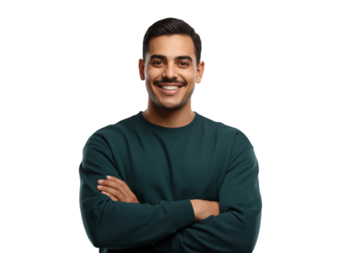 Confident and charismatic man strikes a pose with crossed arms against an isolated transparent