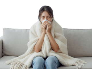Isolated asian woman feeling unwell wrapped in a cozy blanket on a sofa isolated transparent