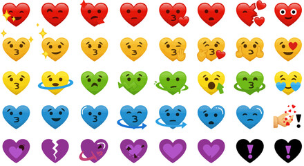 Diverse collection of heart-shaped emoji icons expressing various emotions and feelings