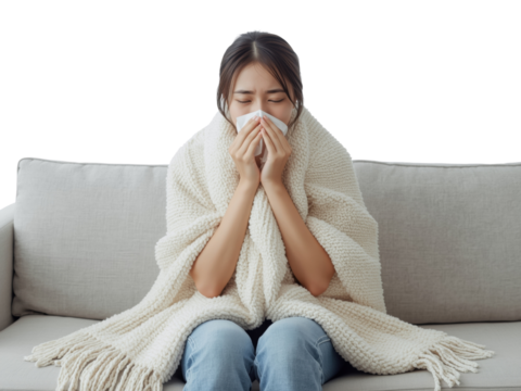 Isolated asian woman feeling unwell wrapped in a cozy blanket on a sofa isolated transparent