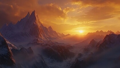 The sun sets over a range of snow covered mountains, casting a warm orange and golden light across the landscape.