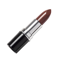 A shimmering brown lipstick tube with a silver and black casing stands angled, open and ready for application, isolated on a transparent background.