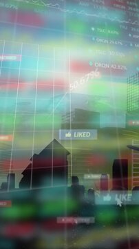 Animation of digital social media notifications, line graph and trading board against globe and city