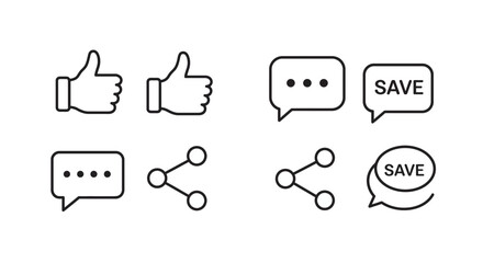 Social media interaction icons set representing like comment share and save functions